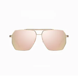 Front view of aviator sunglasses featuring a gold metal frame and pink reflective lenses