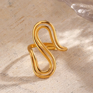 Exaggerated double-layered golden wave ring in stainless steel with open adjustable size