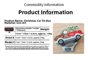 Detailed view of Christmas car-shaped tin box on a scale showing size and weight
