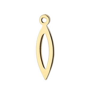 Detailed view of a slender golden leaf-shaped metal pendant with a polished finish
