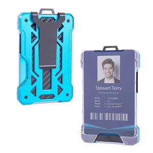 Sky blue aluminum AirTag wallet with carbon fiber texture and secure metal back clip