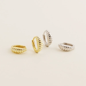 French style ribbed croissant hoop earrings in gold and silver plating S925 silver base