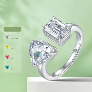 S925 Sterling Silver Moissanite Ring Heart Emerald Cut Toi Et Moi Adjustable Open Two Stone Ring For Women Jewelry Gift