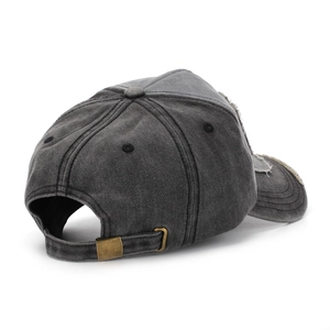 Distressed dark grey vintage baseball cap with NYC patch and antique metal buckle