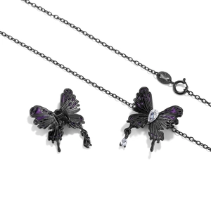 S925 sterling silver black butterfly necklace and earrings set with purple zircon