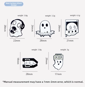 Detail showcasing five distinct cartoon ghost enamel pins with music and retro themes
