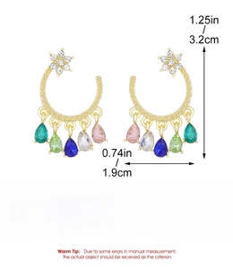 Detailed view of star-shaped tassel earrings with colorful teardrop gems and dimensions