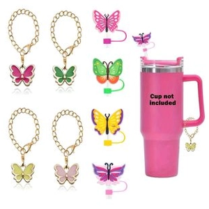 Eight-piece butterfly cup accessory set with enamel charms and silicone straw covers