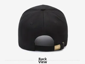 Rear view of black cotton baseball cap with adjustable antique bronze metal buckle strap
