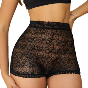 Women's black floral lace booty lifting safety shorts with scalloped edges and high waist