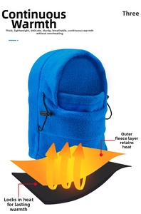 Detail view of royal blue fleece cycling hood with adjustable drawstring and thermal fleece
