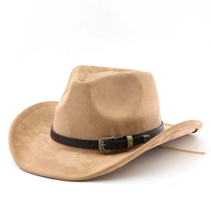 Classic khaki suede Western cowboy hat with brown leather band and metal buckle