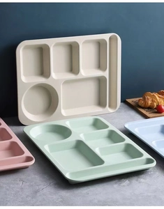 Detail of four-color wheat straw divided dinner plates showing 6-grid design and smooth texture
