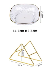 Detailed size view of transparent gold-rimmed snack plate with its golden metal stand