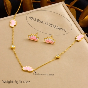 Pink gradient enamel lotus jewelry set with necklace and earrings in gold finish