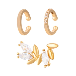 Detail of gold ear cuff set with marquise cut zircons and olive leaf design