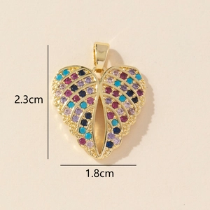 Detail showing a 2.3cm gold heart leaf pendant with vibrant multi-color zircons