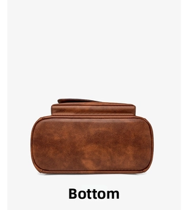 Bottom view of vintage brown leather backpack showing stitching detail and flat base