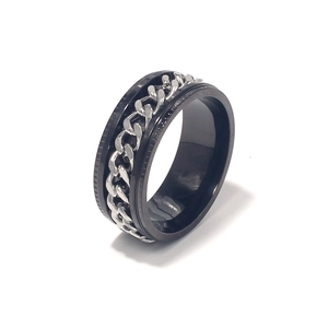 Detailed side view of men's rotatable stainless steel ring with black chain inlay