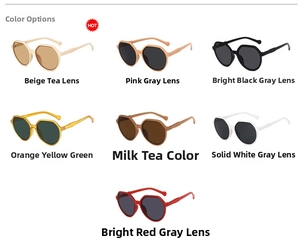 Collection of polygon retro sunglasses in beige, black, milk tea, and red frame colors