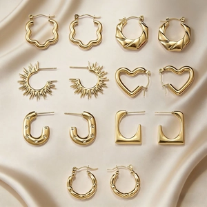 Stainless Steel Geometric Hoop Earrings Heart Star Cloud Bamboo Design High Polish Gold Color For Women Jewelry