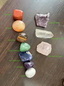Vue à plat d'un kit de guérison chakra incluant amas d'améthyste et pierres polies