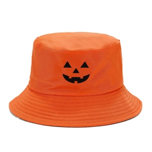 Cappello a secchiello arancione per Halloween con ricamo nero a faccia di zucca