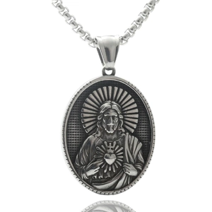 Detailed view of silver stainless steel Sacred Heart of Jesus oval pendant and box chain