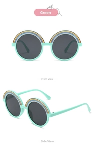 Detail view of mint green round kids sunglasses featuring a colorful rainbow design