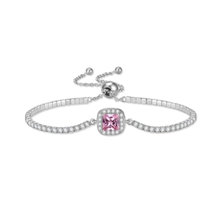 925 silver box chain bracelet with square pink zircon and adjustable slider clasp
