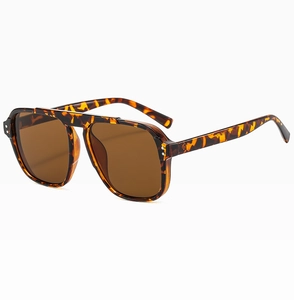 Detail of tortoise shell sunglasses frame with silver rivets and brown lenses