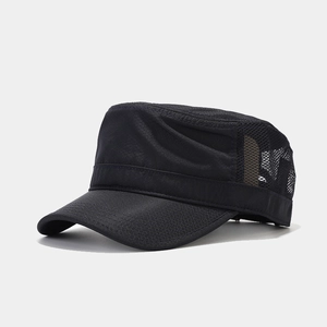 Detail of black cadet cap featuring breathable mesh panels and ripstop fabric for hiking