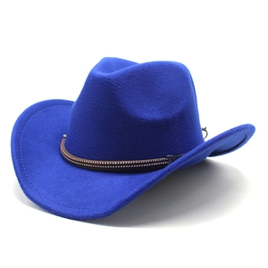 Classic royal blue wool felt cowboy hat with brown leather belt and metallic beads