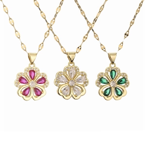 Flower Pendant Necklace Copper With Colorful Cubic Zirconia Sweet Fashion Jewelry For Women Elegant Lip Chain