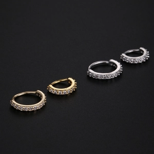 Gold and silver 316L steel hinged rings with cubic zirconia for nose and cartilage piercing