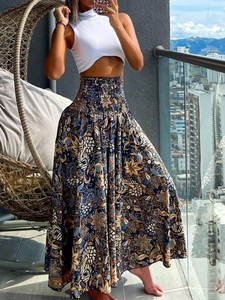 Bohemian maxi-rok met hoge taille, bloemenprint en geplooide elastische taille voor de zomer