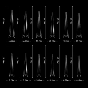 Size chart showing dimensions for 12 sizes of extra long stiletto clear nail tips in mm