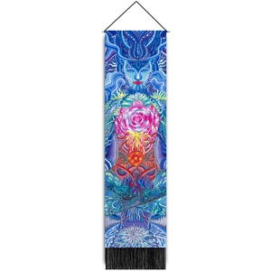 Bohemian blue tapestry wall hanging with mystic patterns and decorative black tassels