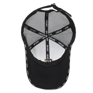 Black mesh baseball cap interior view featuring sport logo tape and metal buckle