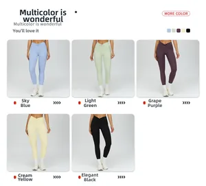Collage of high-waist yoga leggings in blue, green, purple, yellow, and black colors