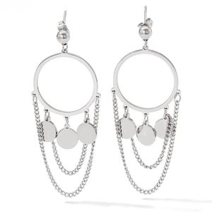 Minimalist silver stainless steel drop earrings with circular discs and long chain tassels