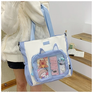 Cute canvas ita bag with transparent pocket, large capacity student tote shoulder bag for daily.