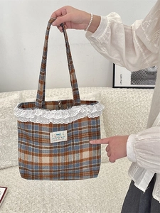 Plaid canvas tote bag with lace trim and cartoon patch for school and casual wear