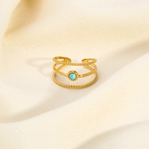 Macro shot of gold-plated stainless steel triple-layer ring with turquoise stone detail