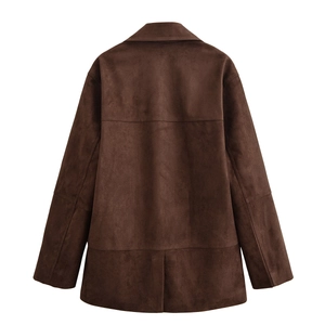Classic brown faux suede blazer jacket for women featuring a stylish loose fit back view