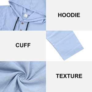 Detail view of sky blue linen hoodie fabric texture and cuff stitching quality