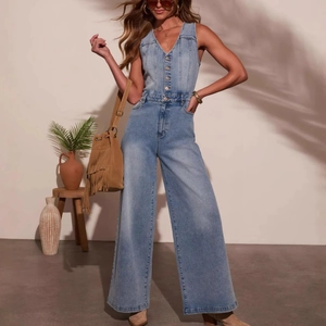 Combinaison En Jean Bleu Clair Femme Col En V Sans Manches Boutons Taille Haute Jambe Large Casual Streetwear