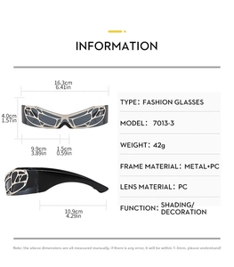 Detailed size chart for Y2K wrap-around sunglasses with 16.3cm width and dimensions