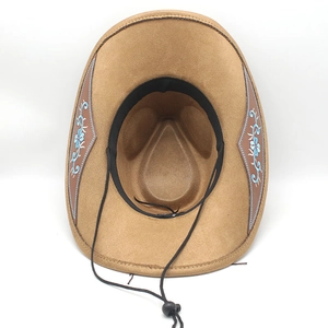 Detailed view of brown suede cowboy hat with blue floral embroidery and windproof rope