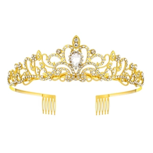 Golden bridal tiara with sparkling crystal rhinestones and side hair combs for secure fit